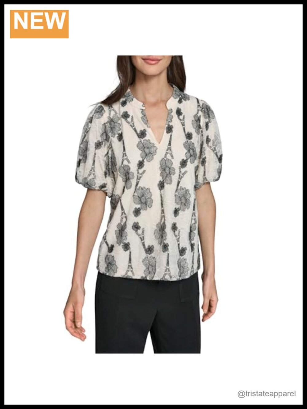 Karl Lagerfeld Women's Short Sleeve V-Neck Floral Lace Blouse